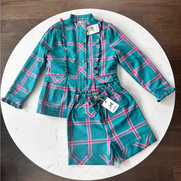 Finding Foxtale Center Stage Girls Blazer & Shorts Set Plaid Teal Green Pink 8 - Picture 1 of 6